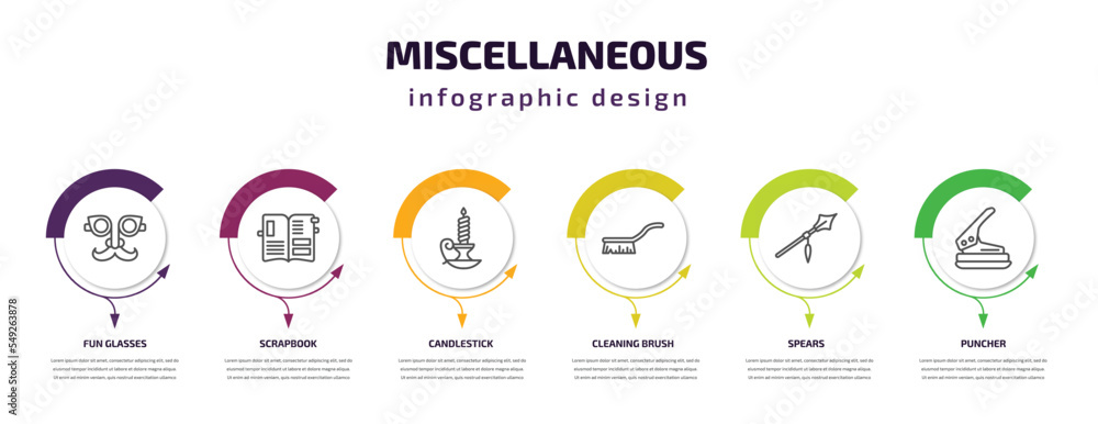 miscellaneous infographic template with icons and 6 step or option. miscellaneous icons such as fun glasses, scrapbook, candlestick, cleaning brush, spears, puncher vector. can be used for banner, miscellaneous infographic template with icons and 6 step or option. miscellaneous icons such as fun glasses, scrapbook, candlestick, cleaning brush, spears, puncher vector. can be used for banner,