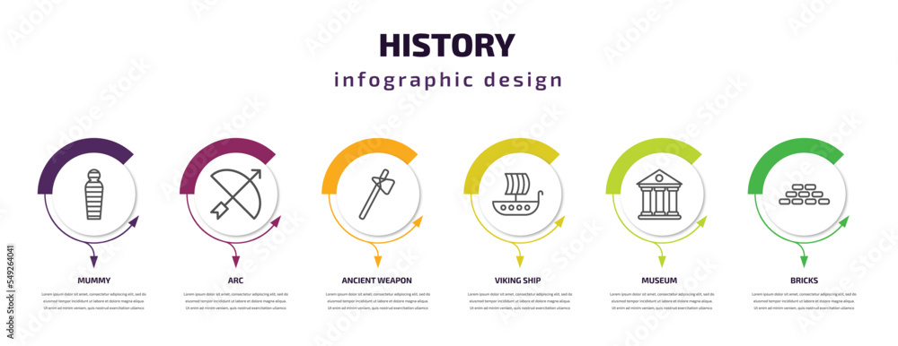 history infographic template with icons and 6 step or option. history icons such as mummy, arc, ancient weapon, viking ship, museum, bricks vector. can be used for banner, info graph, web, history infographic template with icons and 6 step or option. history icons such as mummy, arc, ancient weapon, viking ship, museum, bricks vector. can be used for banner, info graph, web,