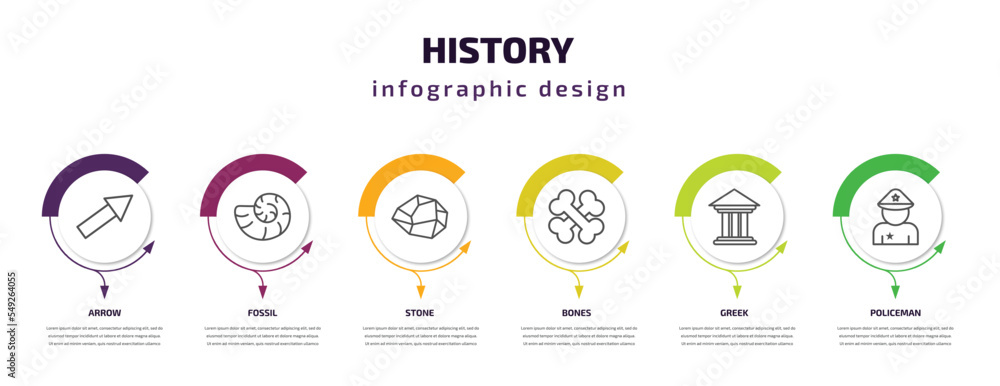 history infographic template with icons and 6 step or option. history icons such as arrow, fossil, stone, bones, greek, policeman vector. can be used for banner, info graph, web, presentations.
