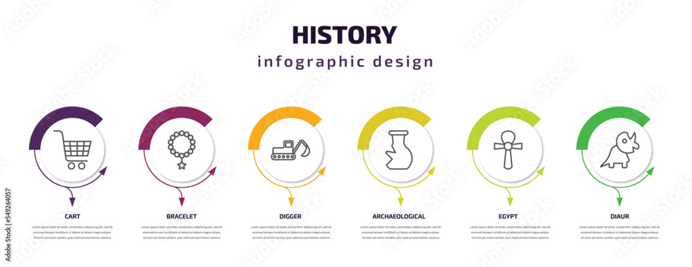 history infographic template with icons and 6 step or option. history icons such as cart, bracelet, digger, archaeological, egypt, diaur vector. can be used for banner, info graph, web,