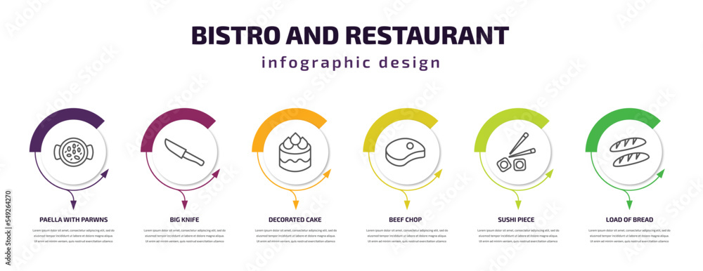 bistro and restaurant infographic template with icons and 6 step or option. bistro and restaurant icons such as paella with parwns, big knife, decorated cake, beef chop, sushi piece, load of bread