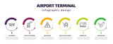 airport terminal infographic template with icons and 6 step or option. airport terminal icons such as air company, train to the airport, high voltage, trolley with luggage, atm, airplane seat