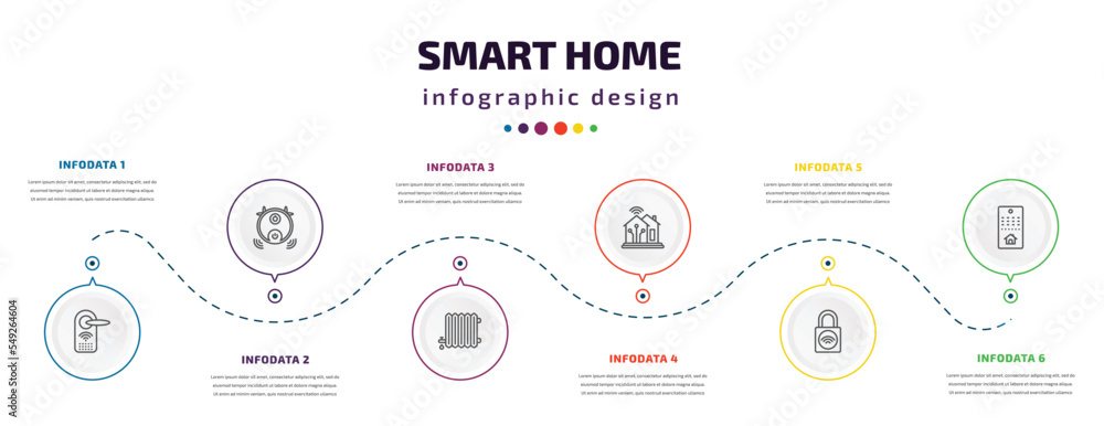 smart home infographic element with icons and 6 step or option. smart home icons such as locking, robot vacuum cleaner, heat leak, smart, lock, home console vector. can be used for banner, info