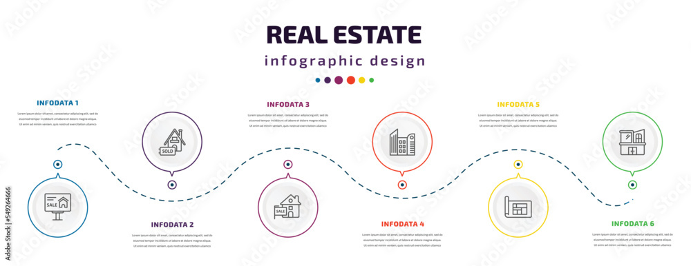 real estate infographic element with icons and 6 step or option. real estate icons such as advertisement, sold, for sale, skyscraper, blueprint, modern house vector. can be used for banner, info real estate infographic element with icons and 6 step or option. real estate icons such as advertisement, sold, for sale, skyscraper, blueprint, modern house vector. can be used for banner, info