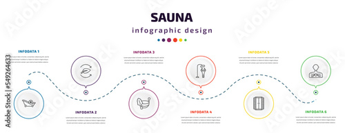 sauna infographic element with icons and 6 step or option. sauna icons such as snow paradise, fresh air supply, green sauna, dousing shower, infrared heat cabin, arterioles vector. can be used for