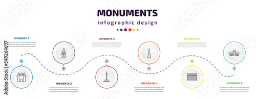 monuments infographic element with icons and 6 step or option. monuments icons such as amritsar, cambodia, national monument monas, , segovia aqueduct, alcala gate vector. can be used for banner,