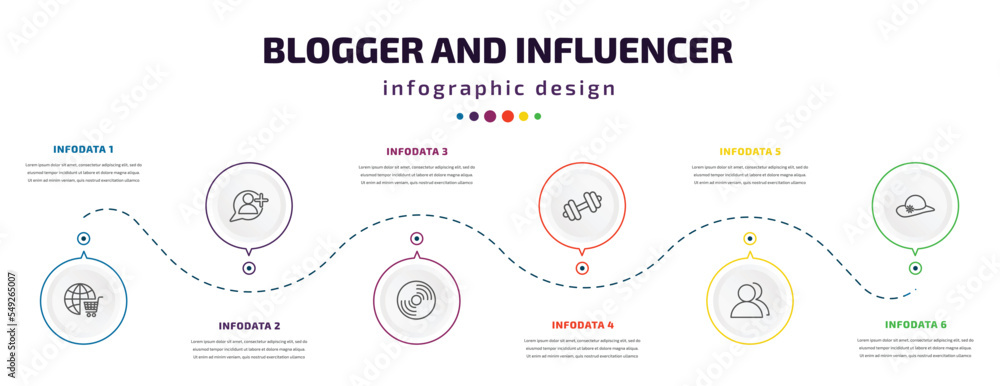 Fototapeta premium blogger and influencer infographic element with icons and 6 step or option. blogger and influencer icons such as shopping online, follower, vinyl, weights, visitor, fashion vector. can be used for