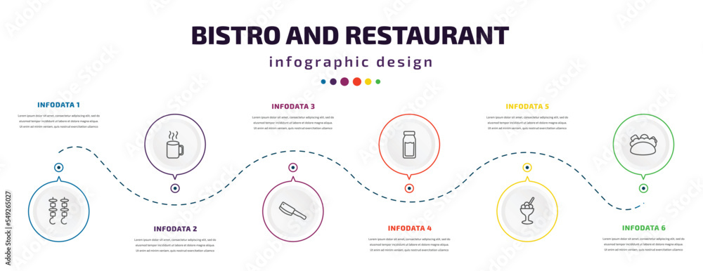 bistro and restaurant infographic element with icons and 6 step or option. bistro and restaurant icons such as two brochettes, hot mug, butcher knife, milk brick, ice cream balls cup, mexican food