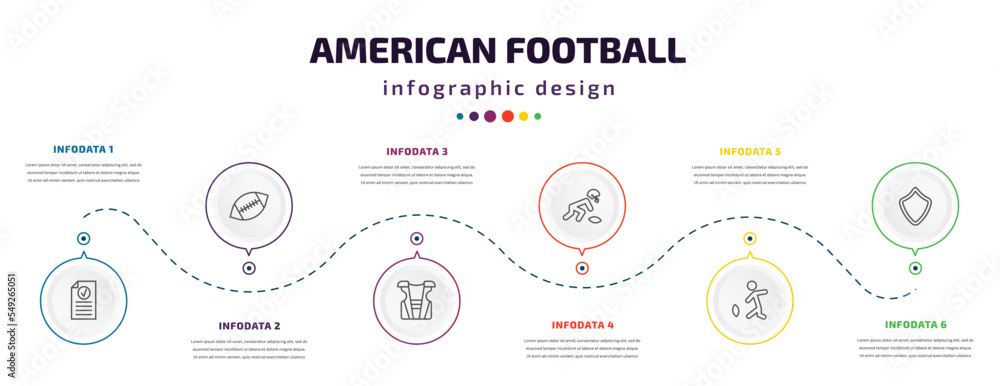 american football infographic element with icons and 6 step or option. american football icons such as results, american football, shoulder pad, picking the ball, kicking the ball, shield vector.