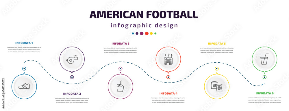 american football infographic element with icons and 6 step or option. american football icons such as cleats, whistle, foam finger, stadium cylinder, gaiters, soda drink vector. can be used for american football infographic element with icons and 6 step or option. american football icons such as cleats, whistle, foam finger, stadium cylinder, gaiters, soda drink vector. can be used for