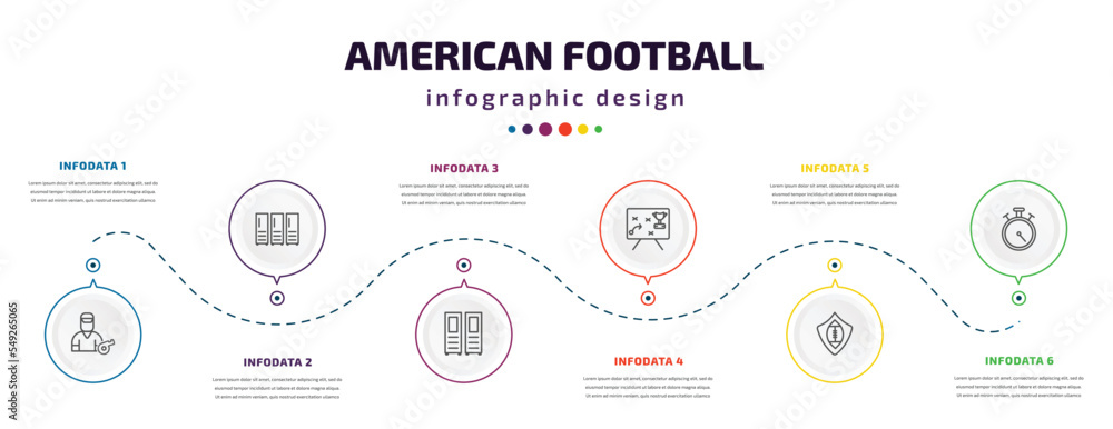 american football infographic element with icons and 6 step or option. american football icons such as trainer, lockers, sportive lockers, game planning, football shield, stopwatch vector. can be american football infographic element with icons and 6 step or option. american football icons such as trainer, lockers, sportive lockers, game planning, football shield, stopwatch vector. can be