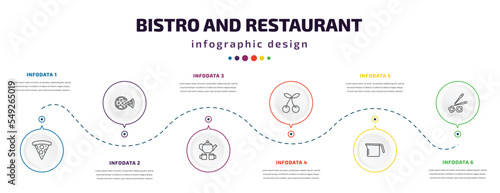 bistro and restaurant infographic element with icons and 6 step or option. bistro and restaurant icons such as pepperoni pizza slice, pepperoni pizza, tea, two cherries, measurement jar, sushi piece