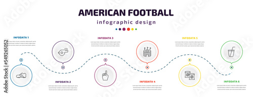 american football infographic element with icons and 6 step or option. american football icons such as cleats, whistle, foam finger, stadium cylinder, gaiters, soda drink vector. can be used for