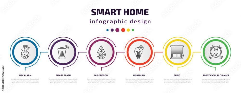 smart home infographic template with icons and 6 step or option. smart home icons such as fire alarm, smart trash, eco friendly, lightbulb, blind, robot vacuum cleaner vector. can be used for smart home infographic template with icons and 6 step or option. smart home icons such as fire alarm, smart trash, eco friendly, lightbulb, blind, robot vacuum cleaner vector. can be used for