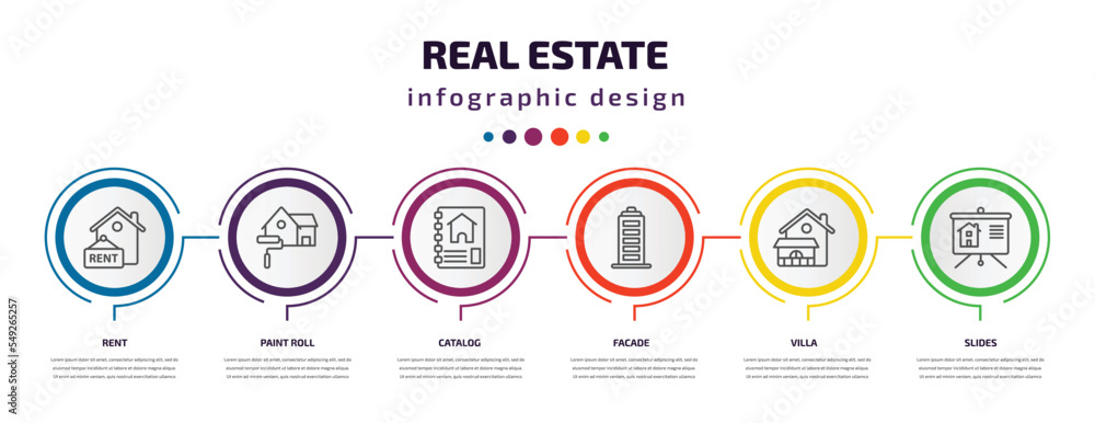 real estate infographic template with icons and 6 step or option. real estate icons such as rent, paint roll, catalog, facade, villa, slides vector. can be used for banner, info graph, web, real estate infographic template with icons and 6 step or option. real estate icons such as rent, paint roll, catalog, facade, villa, slides vector. can be used for banner, info graph, web,