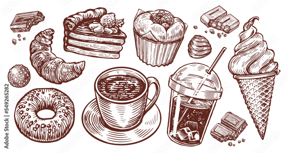 Cup tea, cake, donut, cola, ice cream cone, chocolate candy, coffee sketch. Dessert, sweet food set retro illustration Cup tea, cake, donut, cola, ice cream cone, chocolate candy, coffee sketch. Dessert, sweet food set retro illustration