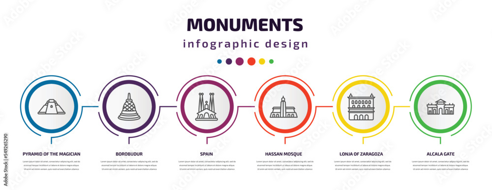 monuments infographic template with icons and 6 step or option. monuments icons such as pyramid of the magician, borobudur, spain, hassan mosque, lonja of zaragoza, alcala gate vector. can be used monuments infographic template with icons and 6 step or option. monuments icons such as pyramid of the magician, borobudur, spain, hassan mosque, lonja of zaragoza, alcala gate vector. can be used