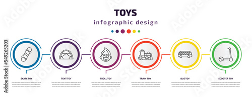 toys infographic template with icons and 6 step or option. toys icons such as skate toy, tent toy, troll toy, train bus scooter vector. can be used for banner, info graph, web, presentations.