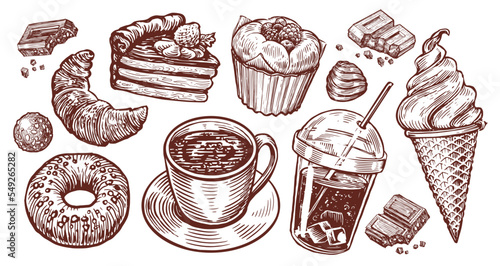 Cup tea, cake, donut, cola, ice cream cone, chocolate candy, coffee sketch. Dessert, sweet food set retro illustration