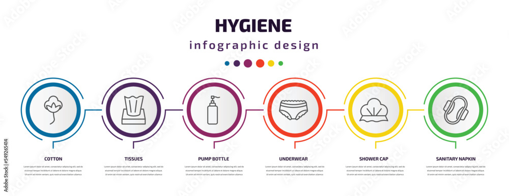 hygiene infographic template with icons and 6 step or option. hygiene icons such as cotton, tissues, pump bottle, underwear, shower cap, sanitary napkin vector. can be used for banner, info graph, hygiene infographic template with icons and 6 step or option. hygiene icons such as cotton, tissues, pump bottle, underwear, shower cap, sanitary napkin vector. can be used for banner, info graph,