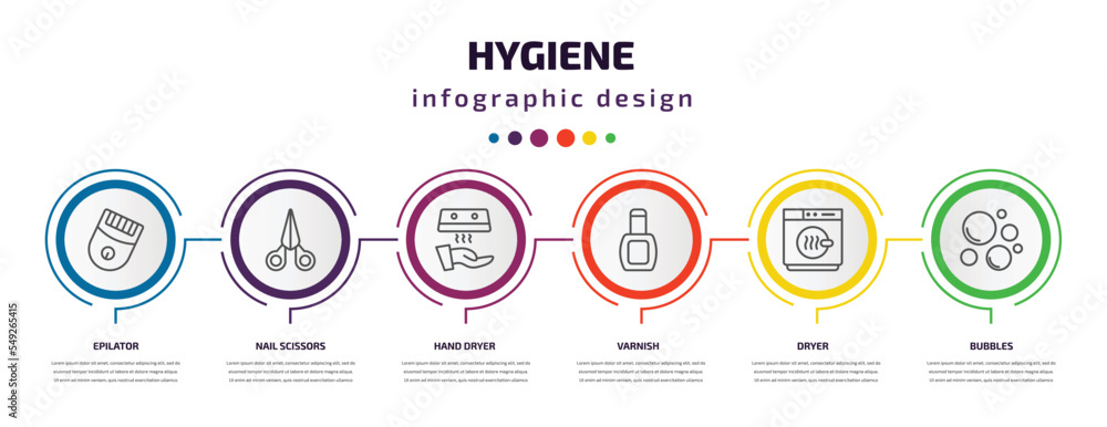 hygiene infographic template with icons and 6 step or option. hygiene icons such as epilator, nail scissors, hand dryer, varnish, dryer, bubbles vector. can be used for banner, info graph, web, hygiene infographic template with icons and 6 step or option. hygiene icons such as epilator, nail scissors, hand dryer, varnish, dryer, bubbles vector. can be used for banner, info graph, web,