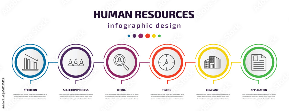 human resources infographic template with icons and 6 step or option. human resources icons such as attrition, selection process, hiring, timing, company, application vector. can be used for banner, human resources infographic template with icons and 6 step or option. human resources icons such as attrition, selection process, hiring, timing, company, application vector. can be used for banner,