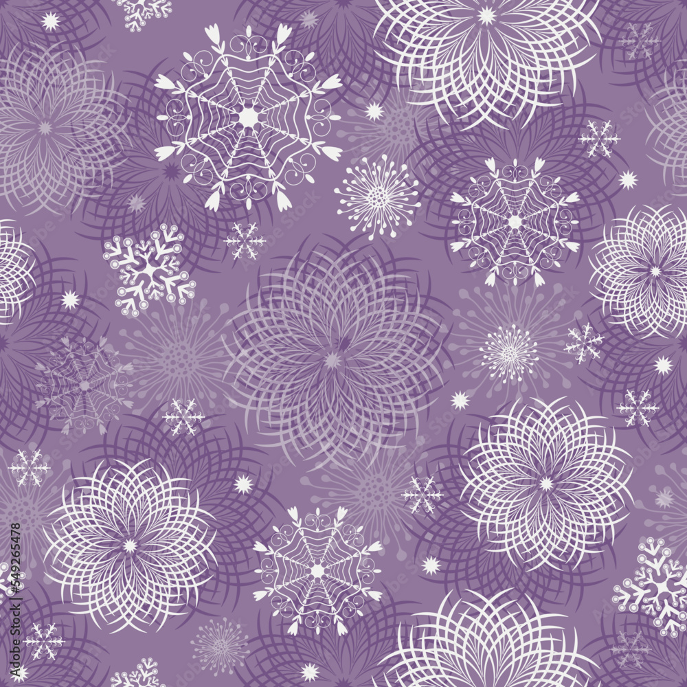 Vector seamless Christmas soft lilac pattern with lacy snowflakes on a violet background