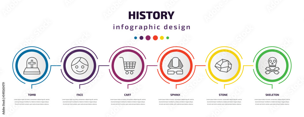 history infographic template with icons and 6 step or option. history icons such as tomb, face, cart, sphinx, stone, skeleton vector. can be used for banner, info graph, web, presentations. history infographic template with icons and 6 step or option. history icons such as tomb, face, cart, sphinx, stone, skeleton vector. can be used for banner, info graph, web, presentations.