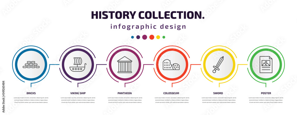history collection. infographic template with icons and 6 step or option. history collection. icons such as bricks, viking ship, pantheon, colosseum, sword, poster vector. can be used for banner, history collection. infographic template with icons and 6 step or option. history collection. icons such as bricks, viking ship, pantheon, colosseum, sword, poster vector. can be used for banner,