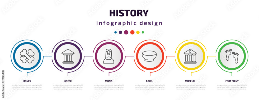 history infographic template with icons and 6 step or option. history icons such as bones, greek, moais, bowl, museum, foot print vector. can be used for banner, info graph, web, presentations.