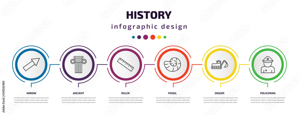 history infographic template with icons and 6 step or option. history icons such as arrow, ancient, ruler, fossil, digger, policeman vector. can be used for banner, info graph, web, presentations.