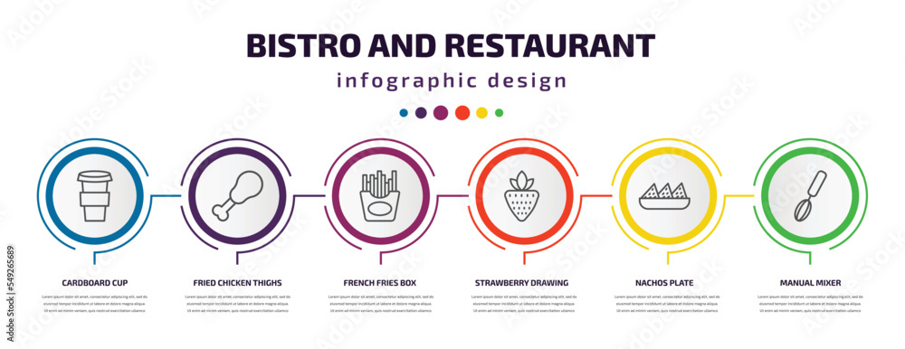 bistro and restaurant infographic template with icons and 6 step or option. bistro and restaurant icons such as cardboard cup, fried chicken thighs, french fries box, strawberry drawing, nachos bistro and restaurant infographic template with icons and 6 step or option. bistro and restaurant icons such as cardboard cup, fried chicken thighs, french fries box, strawberry drawing, nachos