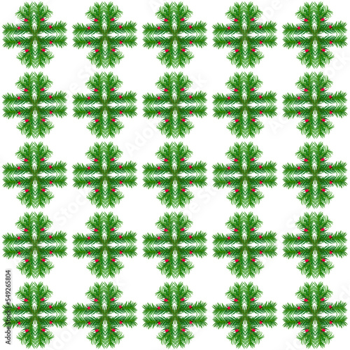 Pattern of green yew branches with red berries on a white background.