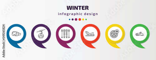 winter infographic template with icons and 6 step or option. winter icons such as goggles, cable car cabin, ski equiptment, sledge, winter tire, snowmobile vector. can be used for banner, info