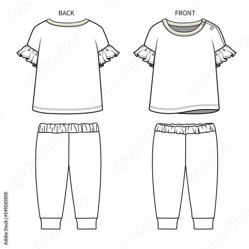 FRILLED PAJAMA SET FOR TODDLER GIRL AND BABY GIRL SET IN EDITABLE VECTOR