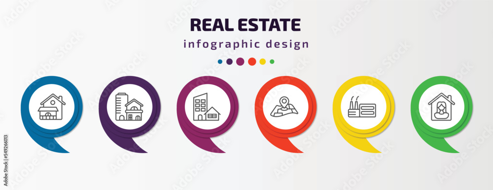 real estate infographic template with icons and 6 step or option. real estate icons such as villa, property, real state, map location, industrial park, tenant vector. can be used for banner, info real estate infographic template with icons and 6 step or option. real estate icons such as villa, property, real state, map location, industrial park, tenant vector. can be used for banner, info