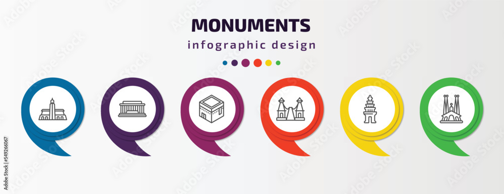 monuments infographic template with icons and 6 step or option. monuments icons such as hassan mosque, national mall, kaaba building, bridge of the west, cambodia, spain vector. can be used for monuments infographic template with icons and 6 step or option. monuments icons such as hassan mosque, national mall, kaaba building, bridge of the west, cambodia, spain vector. can be used for
