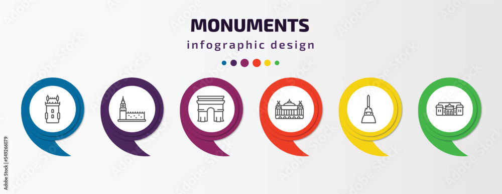 monuments infographic template with icons and 6 step or option. monuments icons such as belem tower, russia, arc of triomphe, palais garnier, philippines, palace of versailles vector. can be used monuments infographic template with icons and 6 step or option. monuments icons such as belem tower, russia, arc of triomphe, palais garnier, philippines, palace of versailles vector. can be used