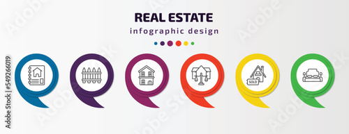 real estate infographic template with icons and 6 step or option. real estate icons such as catalog, fence, duplex, juridical, sold, bedroom vector. can be used for banner, info graph, web,