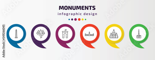 monuments infographic template with icons and 6 step or option. monuments icons such as obelisk of bue aires, egyptian, ejer baunehoj, retiro park, , cathedral vector. can be used for banner, info