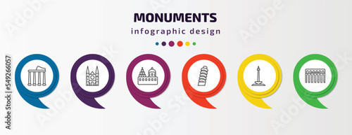 monuments infographic template with icons and 6 step or option. monuments icons such as temple of apollo, chartres cathedral, blue domed churches, tower of pisa, national monument monas, segovia