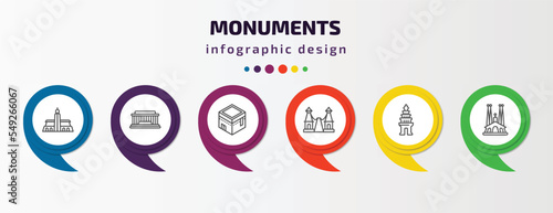 monuments infographic template with icons and 6 step or option. monuments icons such as hassan mosque, national mall, kaaba building, bridge of the west, cambodia, spain vector. can be used for