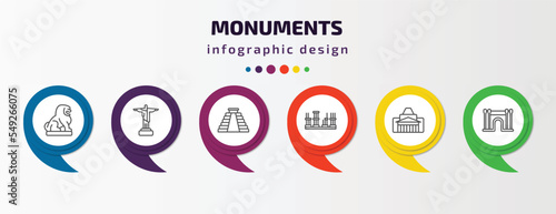 monuments infographic template with icons and 6 step or option. monuments icons such as imperial guardian lion, , maya pyramid, roman theatre of merida, shrine of remembrance, barcelona vector. can