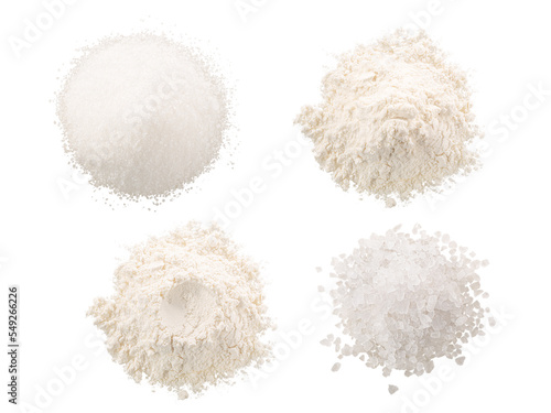 Fotografija Salt, sugar and flour in piles isolated png, top view