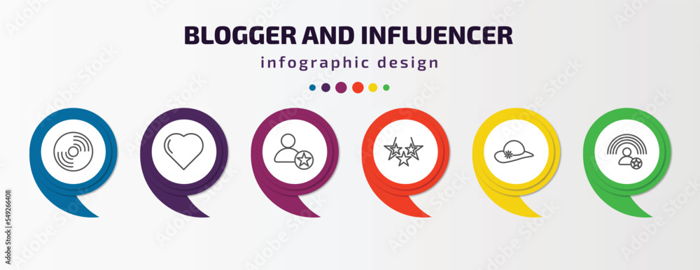 blogger and influencer infographic template with icons and 6 step or option. blogger and influencer icons such as vinyl, hipster, famous, rating, fashion, influencer vector. can be used for banner, blogger and influencer infographic template with icons and 6 step or option. blogger and influencer icons such as vinyl, hipster, famous, rating, fashion, influencer vector. can be used for banner,