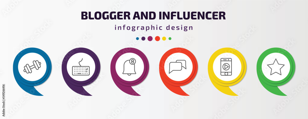 blogger and influencer infographic template with icons and 6 step or option. blogger and influencer icons such as weights, keyboard, notification, conversation, mobile video, star vector. can be blogger and influencer infographic template with icons and 6 step or option. blogger and influencer icons such as weights, keyboard, notification, conversation, mobile video, star vector. can be