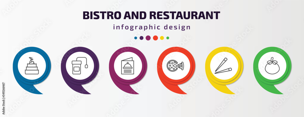 bistro and restaurant infographic template with icons and 6 step or option. bistro and restaurant icons such as three levels cake, infusion bag, menu card, pepperoni pizza, chopsticks, fresh tomato bistro and restaurant infographic template with icons and 6 step or option. bistro and restaurant icons such as three levels cake, infusion bag, menu card, pepperoni pizza, chopsticks, fresh tomato