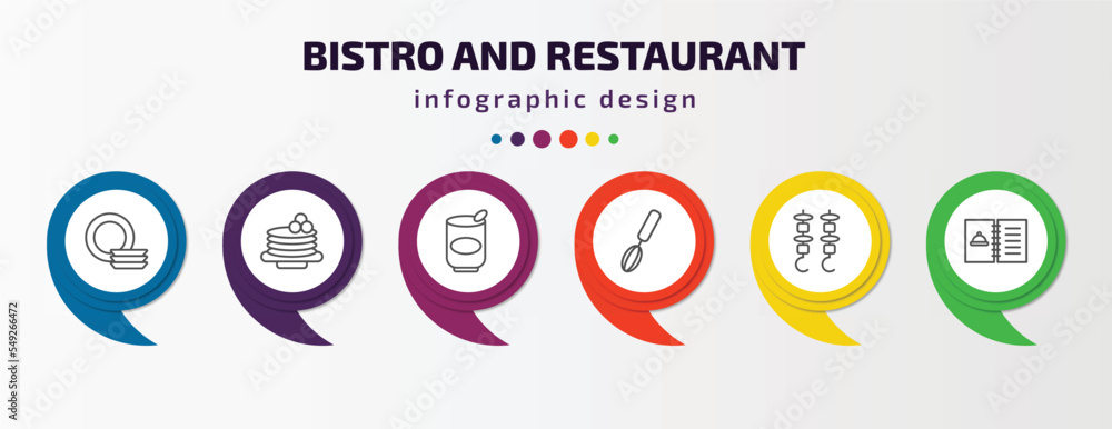 bistro and restaurant infographic template with icons and 6 step or option. bistro and restaurant icons such as round plate, crepe cream, mermelade tin, manual mixer, two brochettes, open menu bistro and restaurant infographic template with icons and 6 step or option. bistro and restaurant icons such as round plate, crepe cream, mermelade tin, manual mixer, two brochettes, open menu