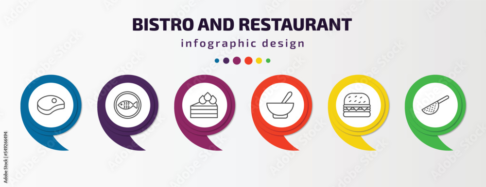 bistro and restaurant infographic template with icons and 6 step or option. bistro and restaurant icons such as beef chop, kitchen fish, cut cake piece, appetizers bowl, complete hamburger, strainer bistro and restaurant infographic template with icons and 6 step or option. bistro and restaurant icons such as beef chop, kitchen fish, cut cake piece, appetizers bowl, complete hamburger, strainer
