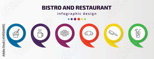 bistro and restaurant infographic template with icons and 6 step or option. bistro and restaurant icons such as ice cream cup, hot mug, paella with parwns, bakery croissant, butcher knife, lemonade